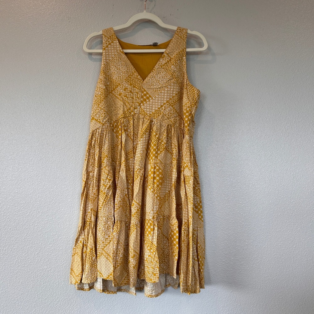 Sincerely Jules Mustard Yellow Patchwork Print V-Neck Tiered Babydoll Dress L
